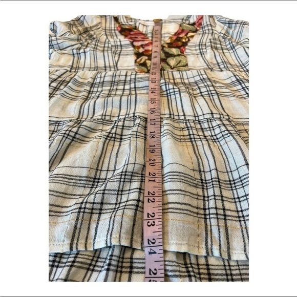 Anthro Darlene Metallic Floral Plaid Peasant Split Neck Linen Blend Tunic NWOT - Picture 7 of 14